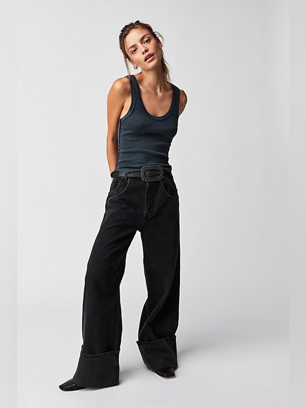 Free People‎ We The Free Final Countdown Washed Black Cuffed Wide Leg Jeans 28